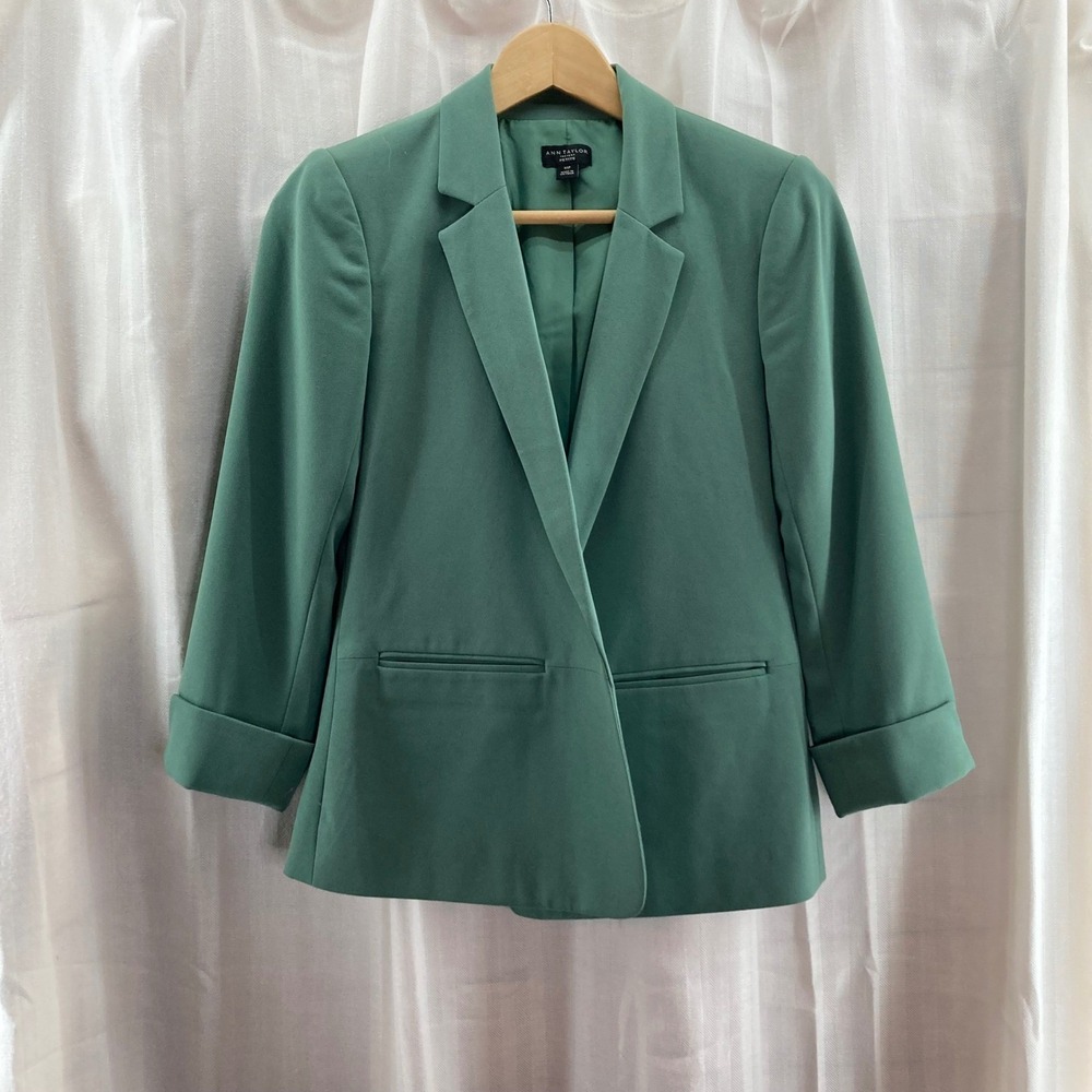 Ann Taylor Factory Petite Sage Blazer Jacket 3/4 Sleeve Cuffed‎ Open Front XXS